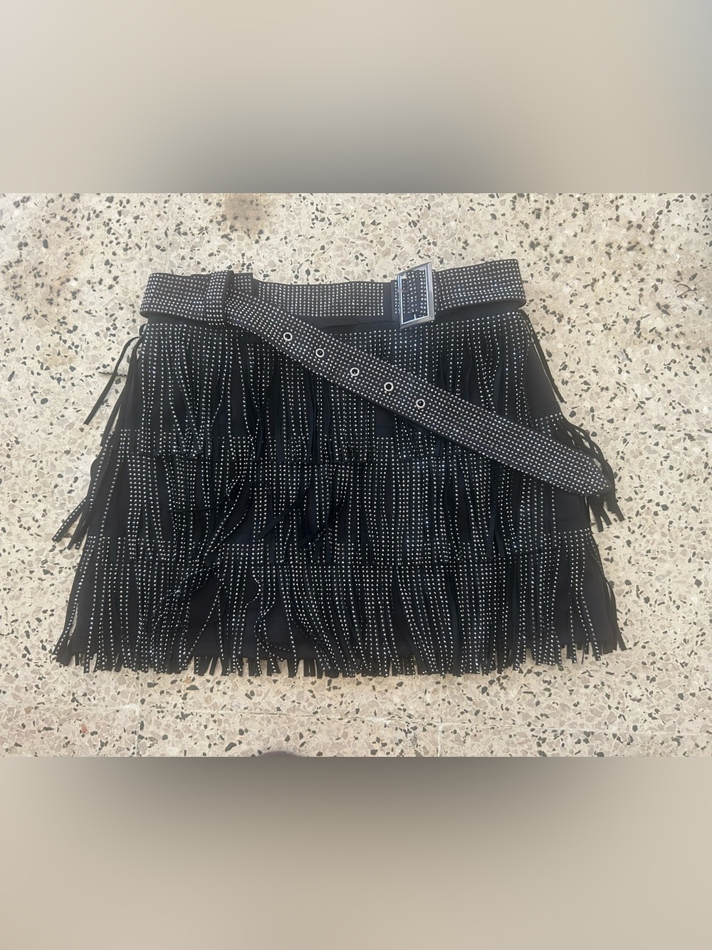 Black Fringe Mini Skirt with Studded Belt